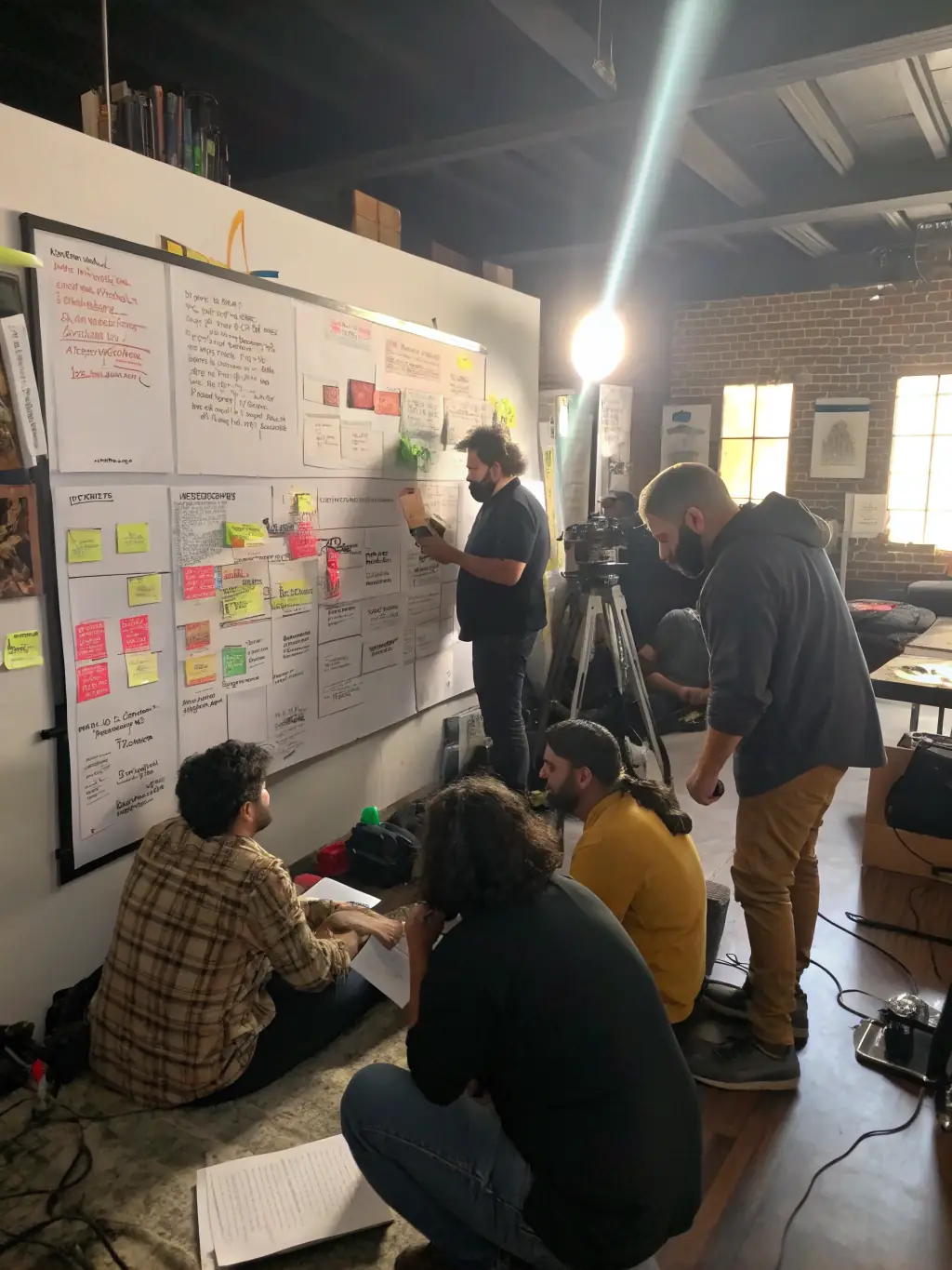 A behind-the-scenes shot of a scriptwriting session, with storyboards pinned on a wall and team members brainstorming ideas, illustrating Intelliboost Marketing's scriptwriting and storyboarding services.