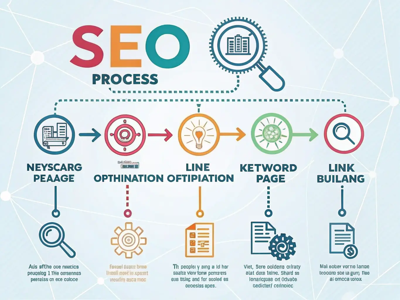 An infographic illustrating the SEO process, including keyword research, on-page optimization, and link building, used to explain Intelliboost Marketing's SEO services.