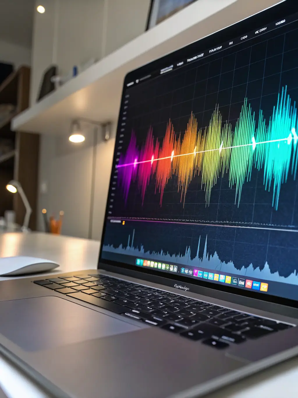 A sound wave graphic overlaid on an animation scene, with headphones in the foreground, representing the voiceover and sound design services offered by Intelliboost Marketing.