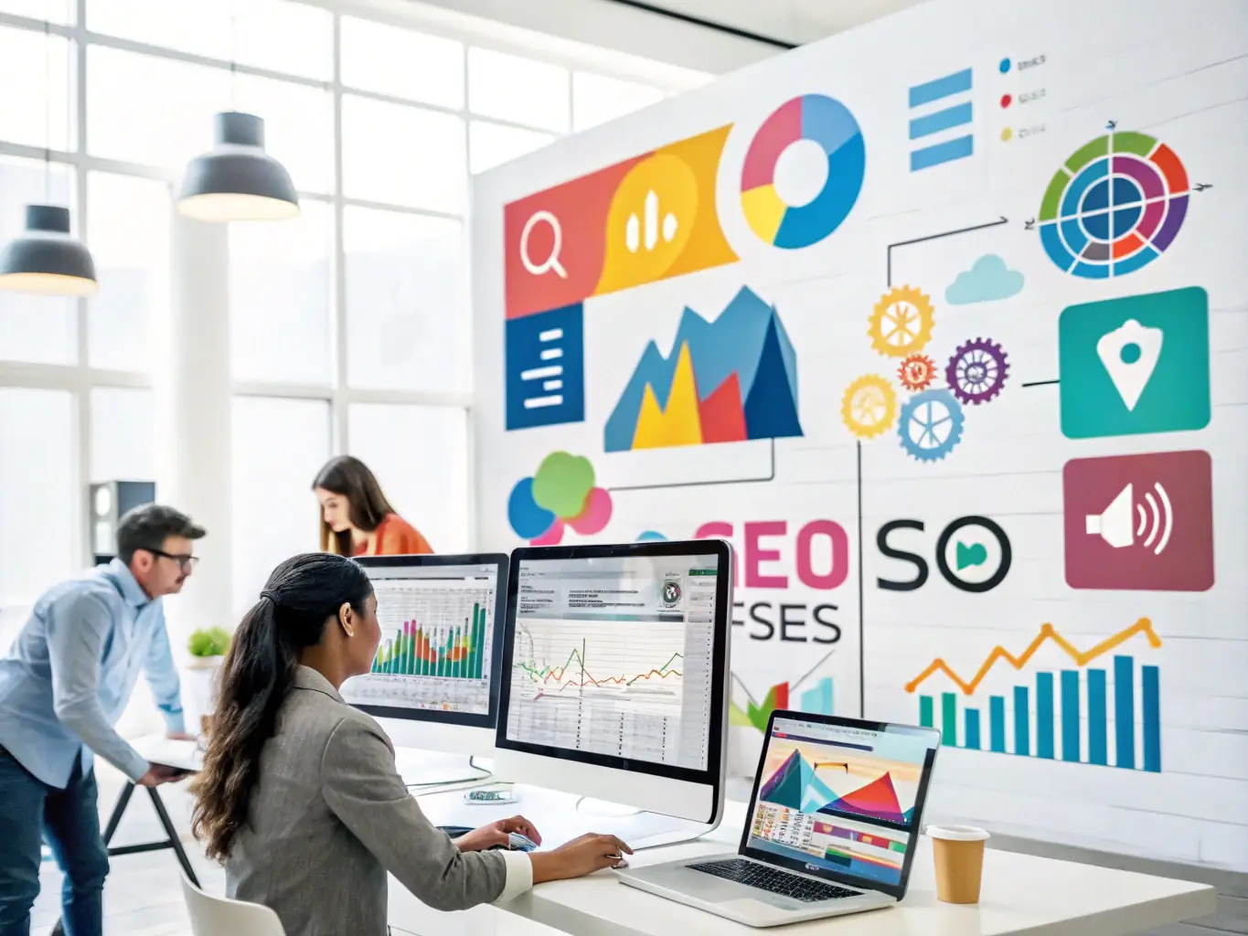 A professional workspace with a team collaborating on SEO strategies, analyzing keyword data and website performance metrics on multiple screens, reflecting a data-driven approach to improving search engine rankings.